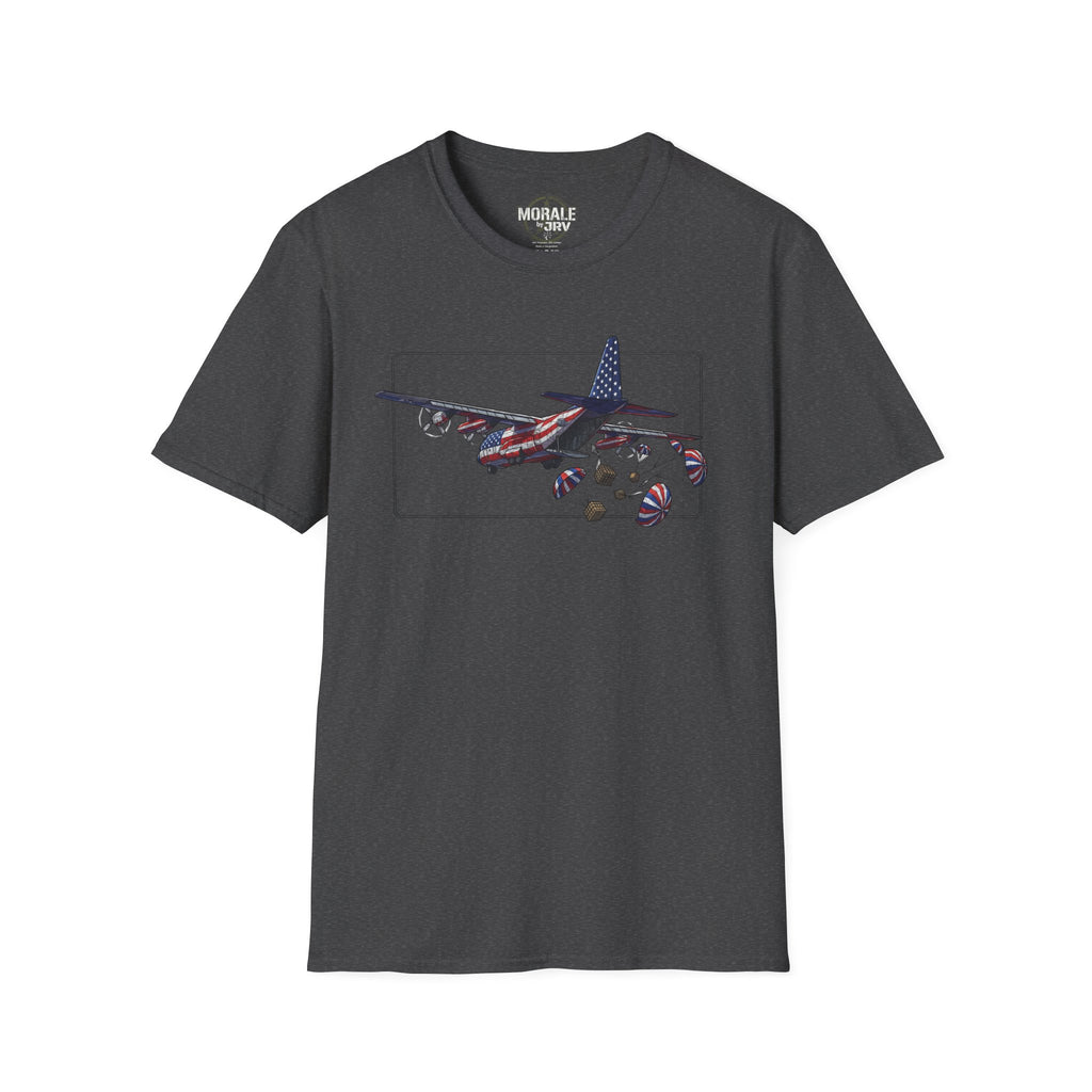 Dunkelgraues C-130 T‑Shirt mit Grafik von Flugzeug und Fallschirm-Paketen
