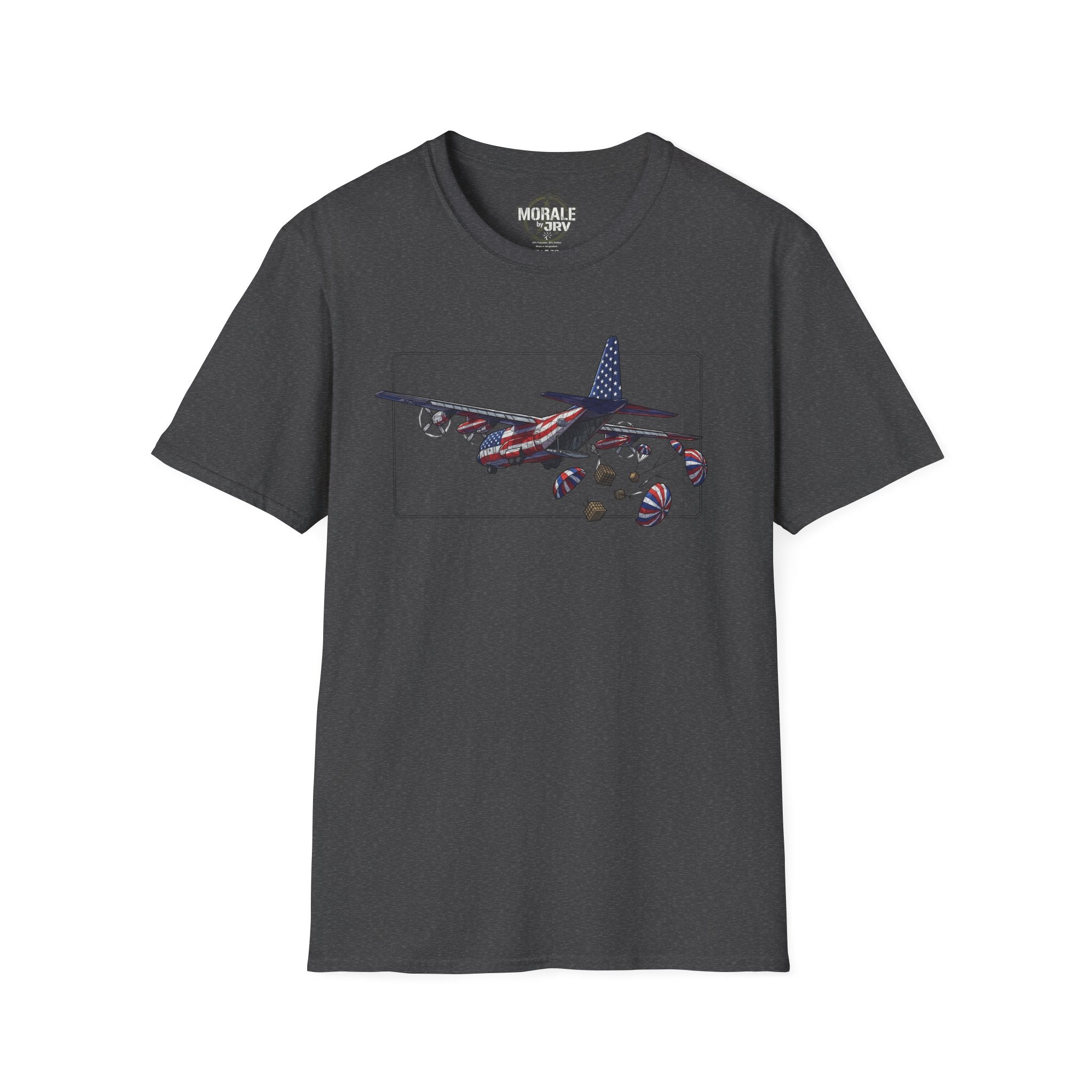 Dunkelgraues C-130 T‑Shirt mit Grafik von Flugzeug und Fallschirm-Paketen