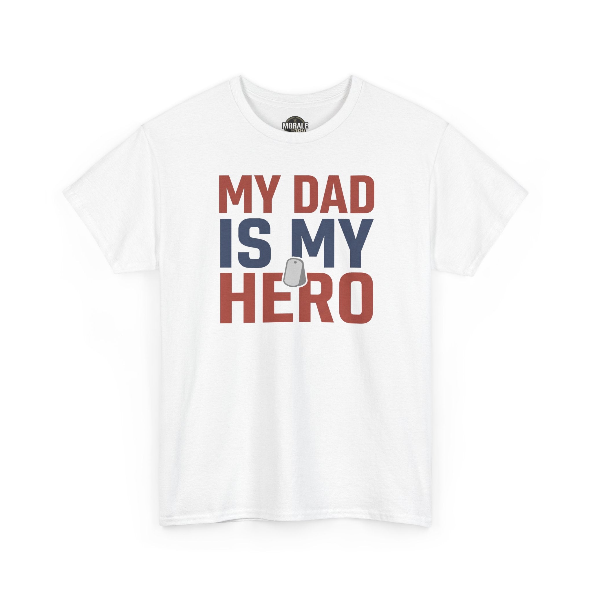 Men's white graphic T-shirt with 'MY DAD IS MY HERO' print and dog tag icon