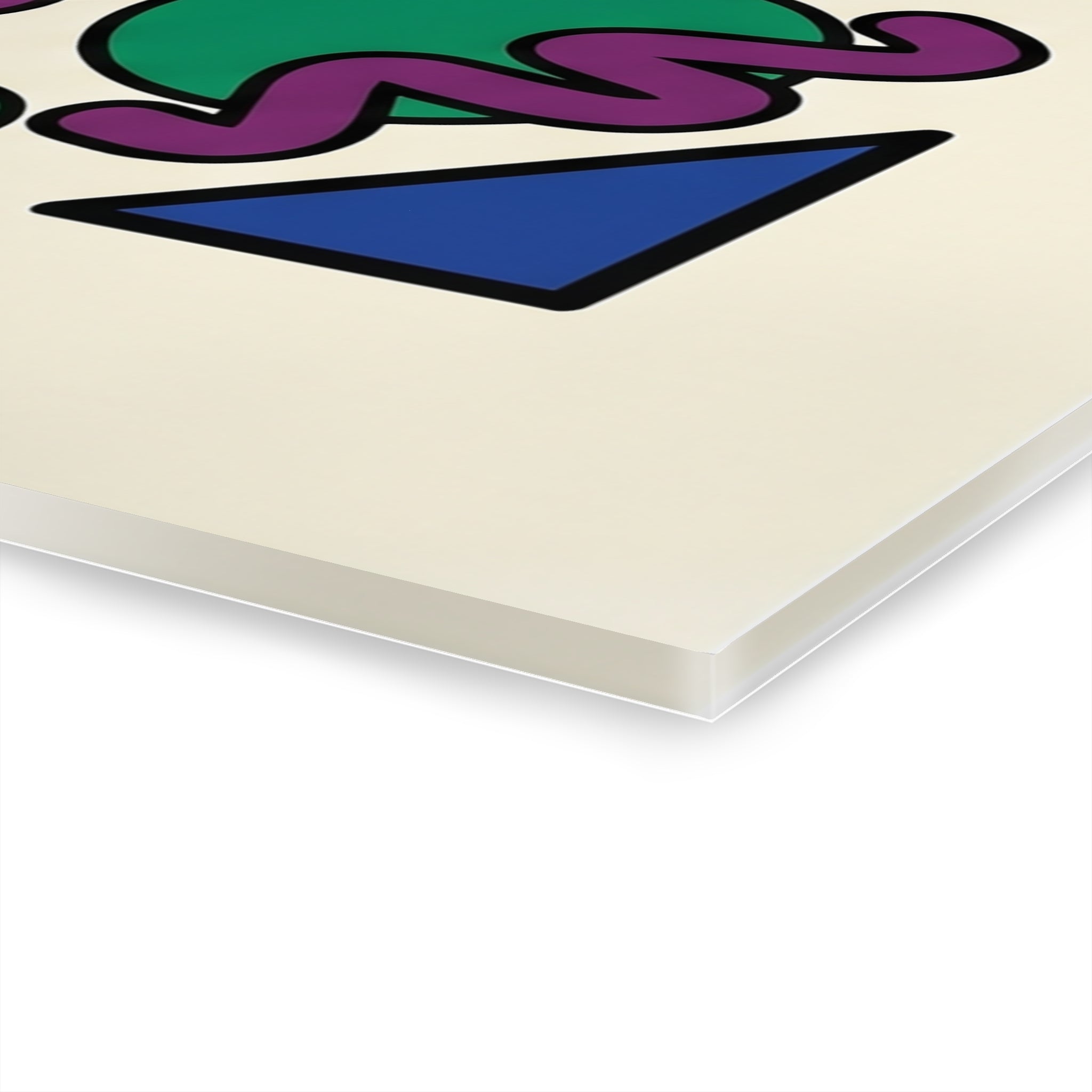 Memphis Group wall art close-up: green and purple curving shapes with blue diamond form