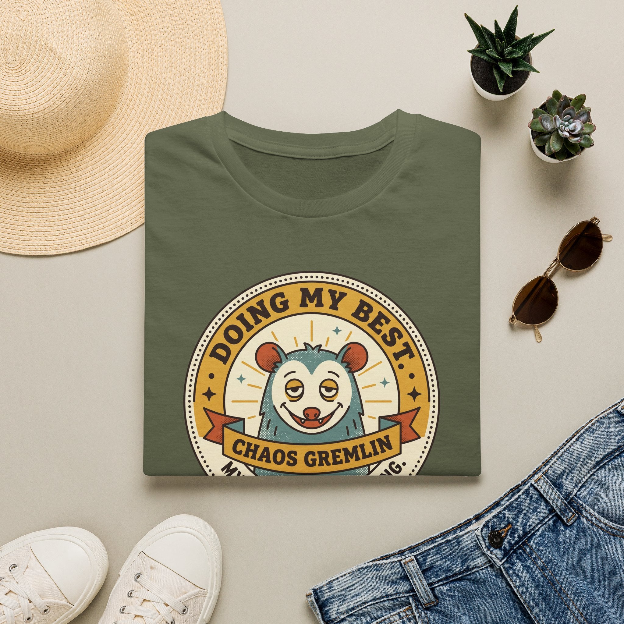 Military green t-shirt with “Doing My Best Chaos Gremlin” cartoon chest graphic