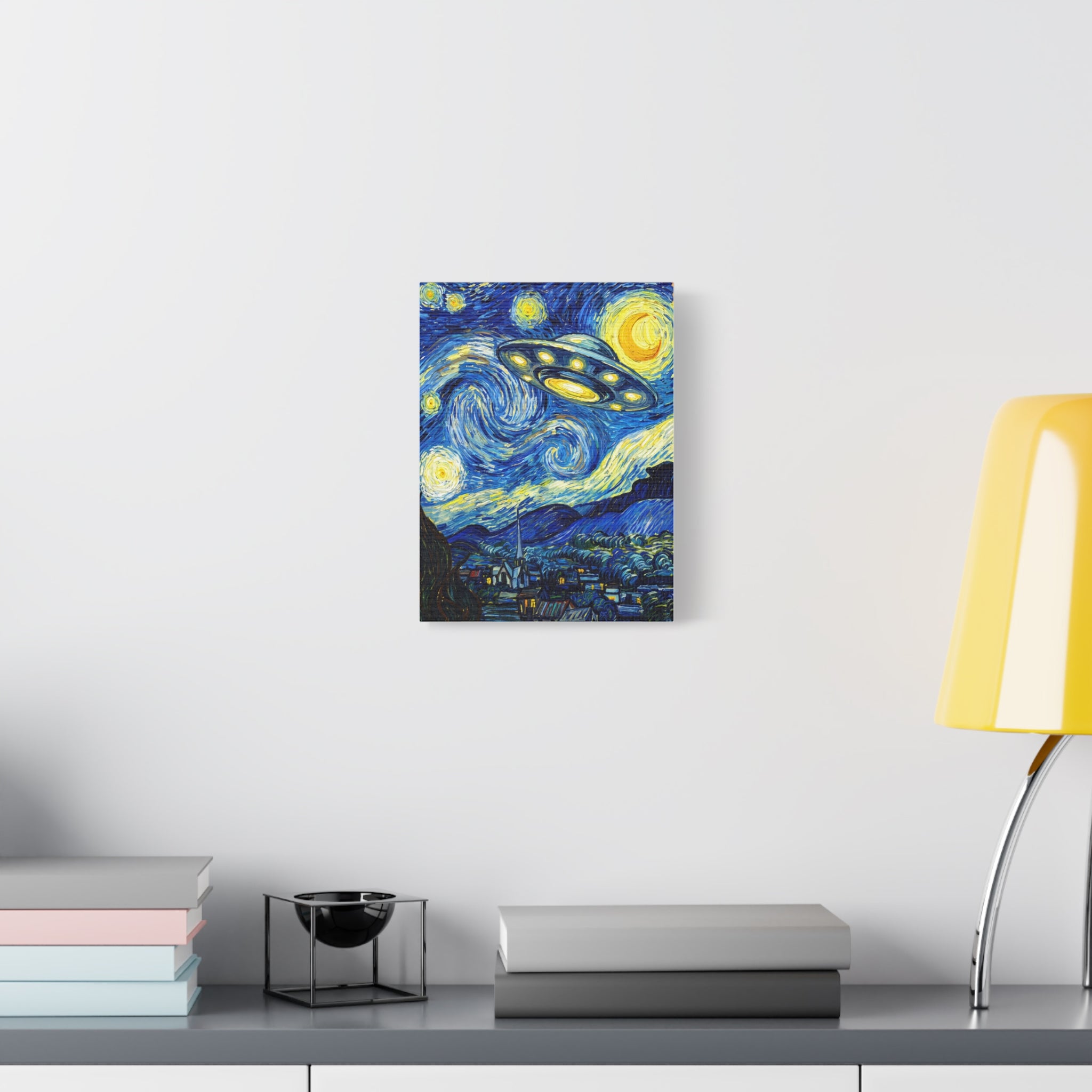 Starry UFO canvas wall art, small framed art with glowing UFO lights and blue swirls
