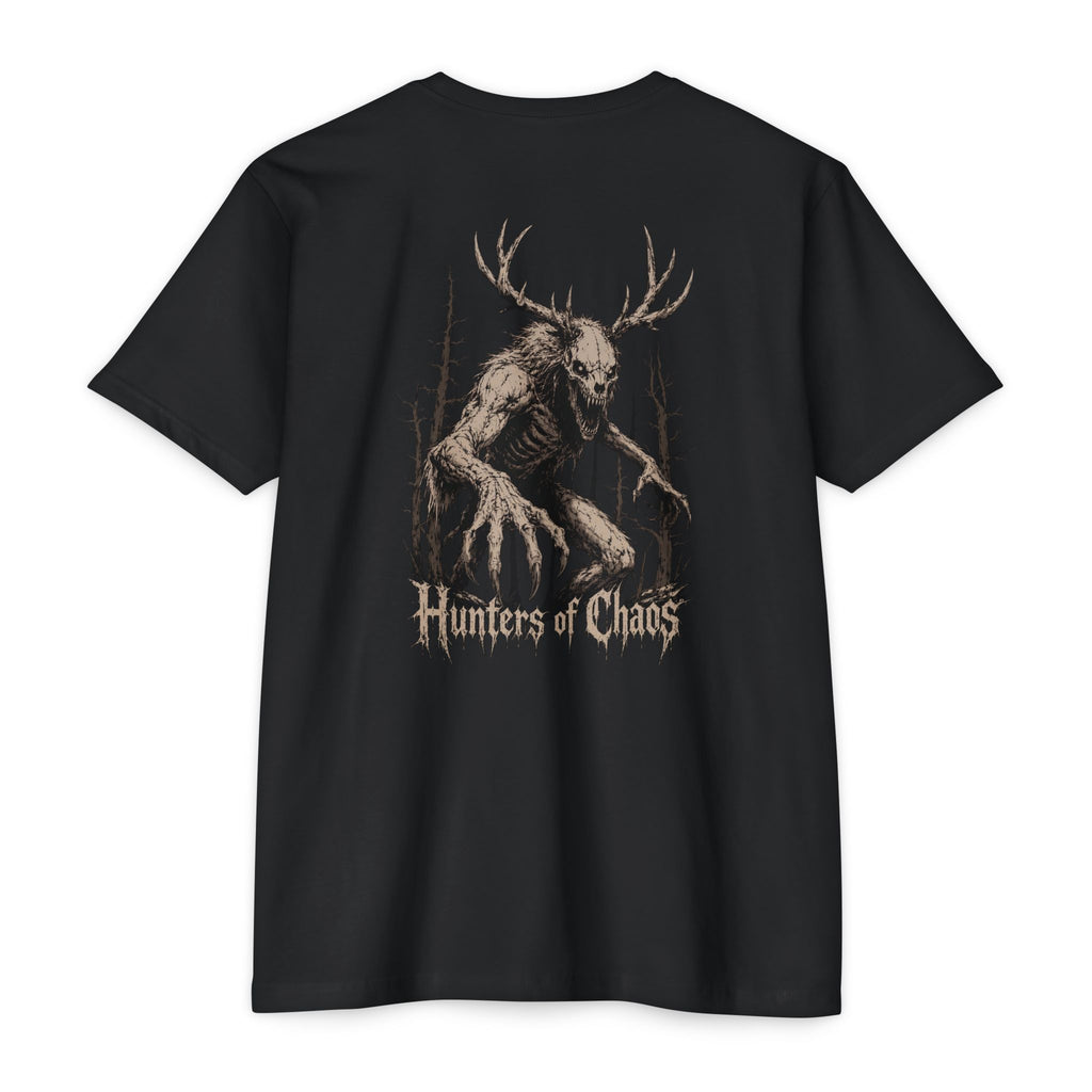 Black crewneck graphic T-shirt with large rear deer-antler print and Hunters of Chaos text.