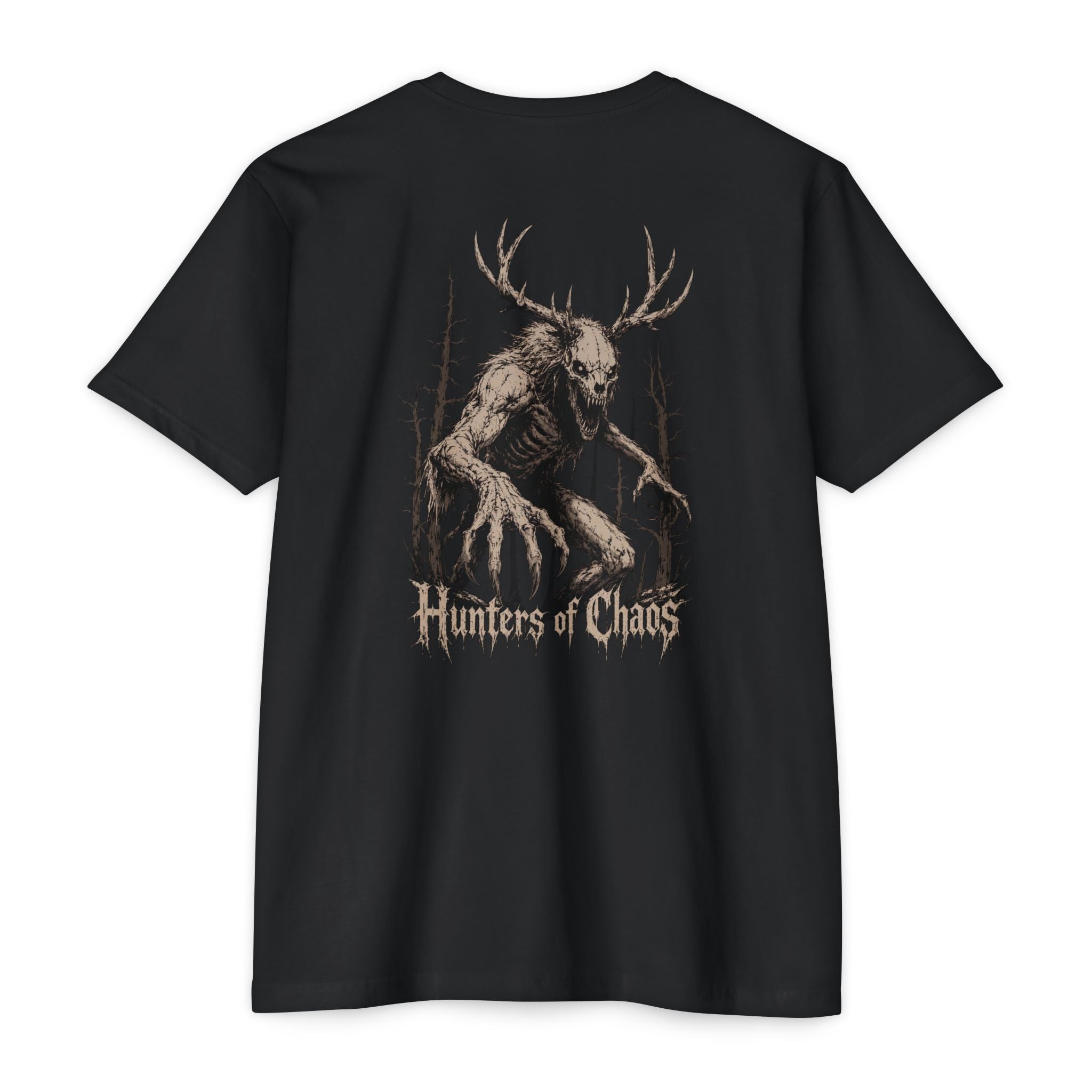 Black crewneck graphic T-shirt with large rear deer-antler print and Hunters of Chaos text.