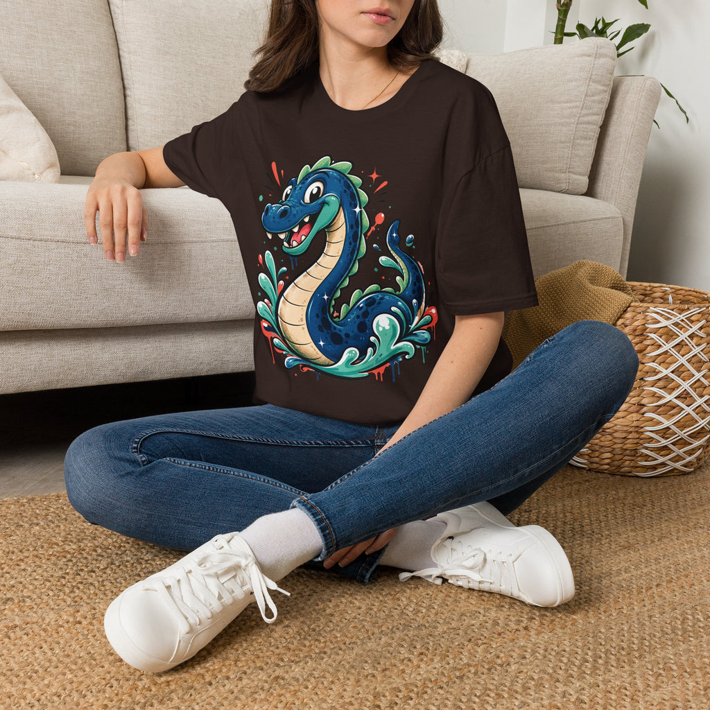 Dark brown crewneck T-shirt with colorful cartoon sea serpent graphic on front