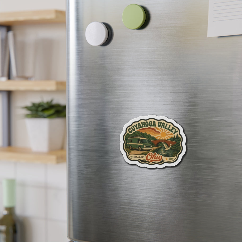 Die-cut fridge magnet on stainless refrigerator showing Cuyahoga Valley landscape art.
