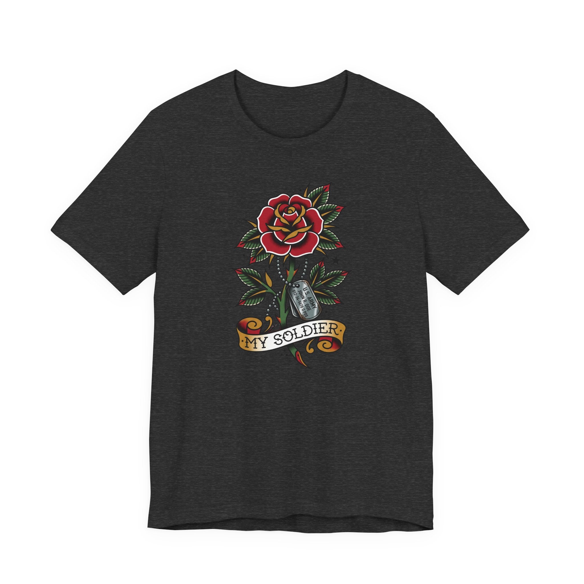 Dark gray T-shirt with rose and dog tag graphic reading “MY SOLDIER”