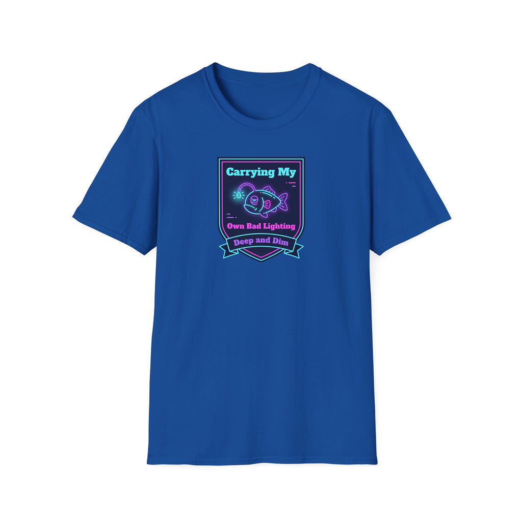 Royal blue T-shirt with chest neon anglerfish logo graphic