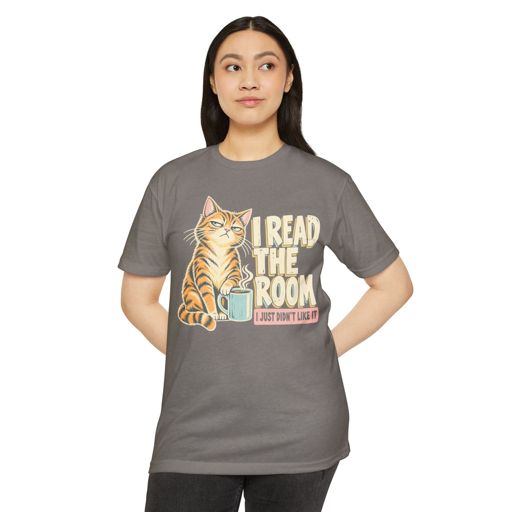 Gray cat T-shirt with orange kitten illustration and "I Read the Room" text
