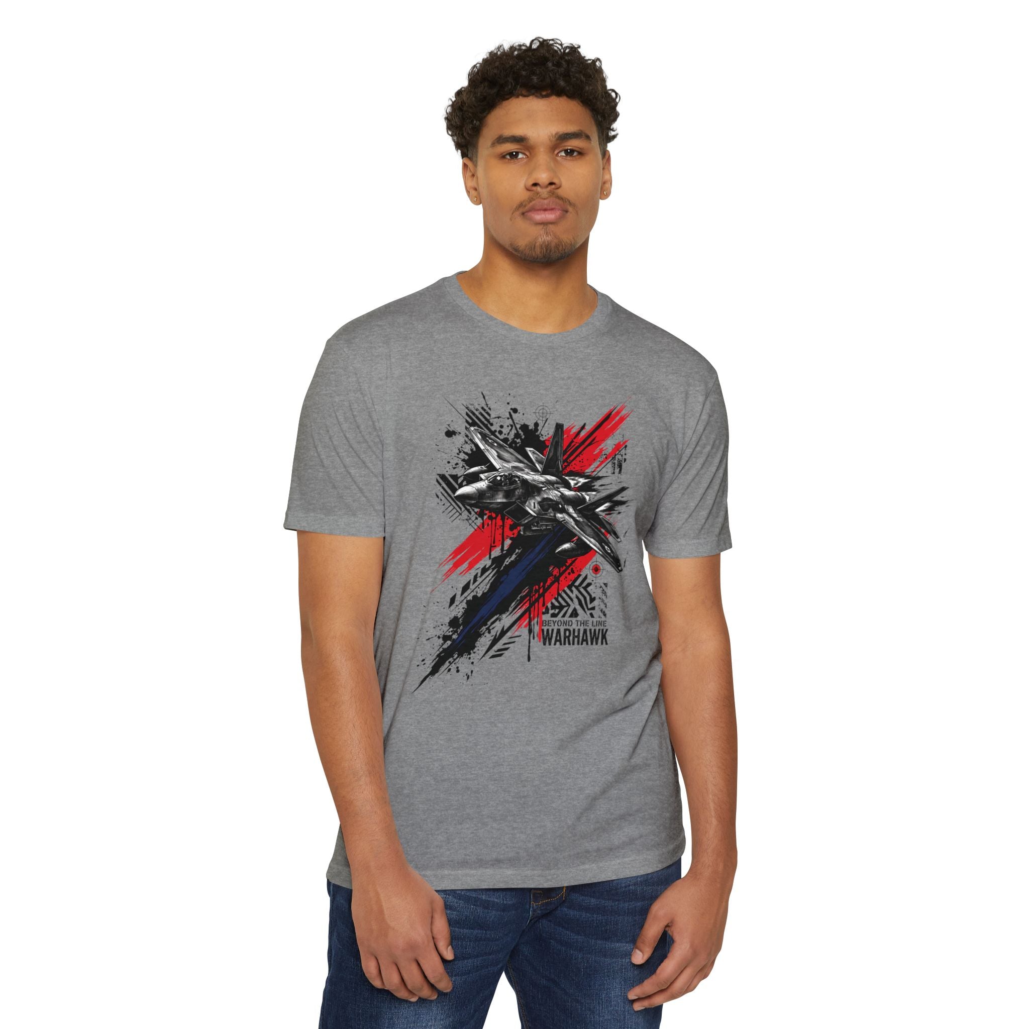 Heather gray crewneck T-shirt with jet graphic and red/black splatter print.