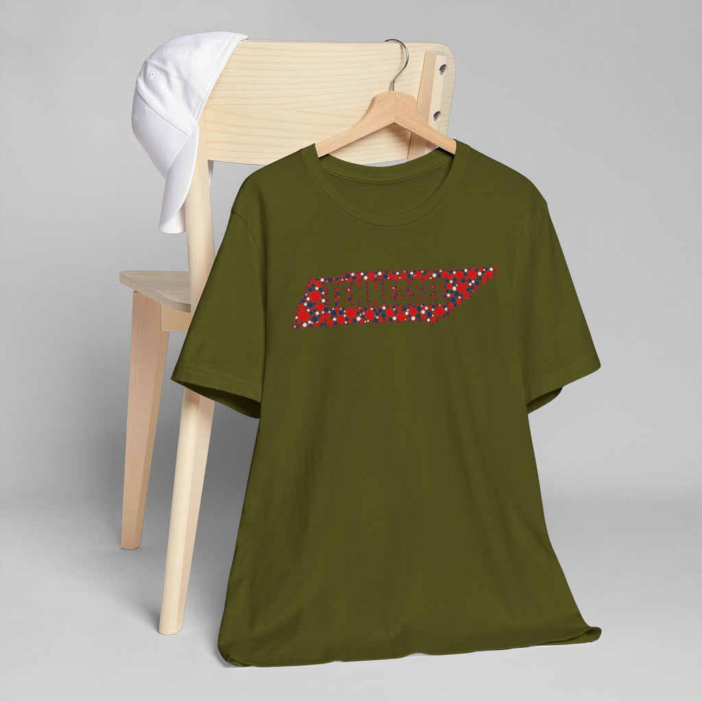 Olive green T-shirt with red floral Tennessee outline graphic on chest
