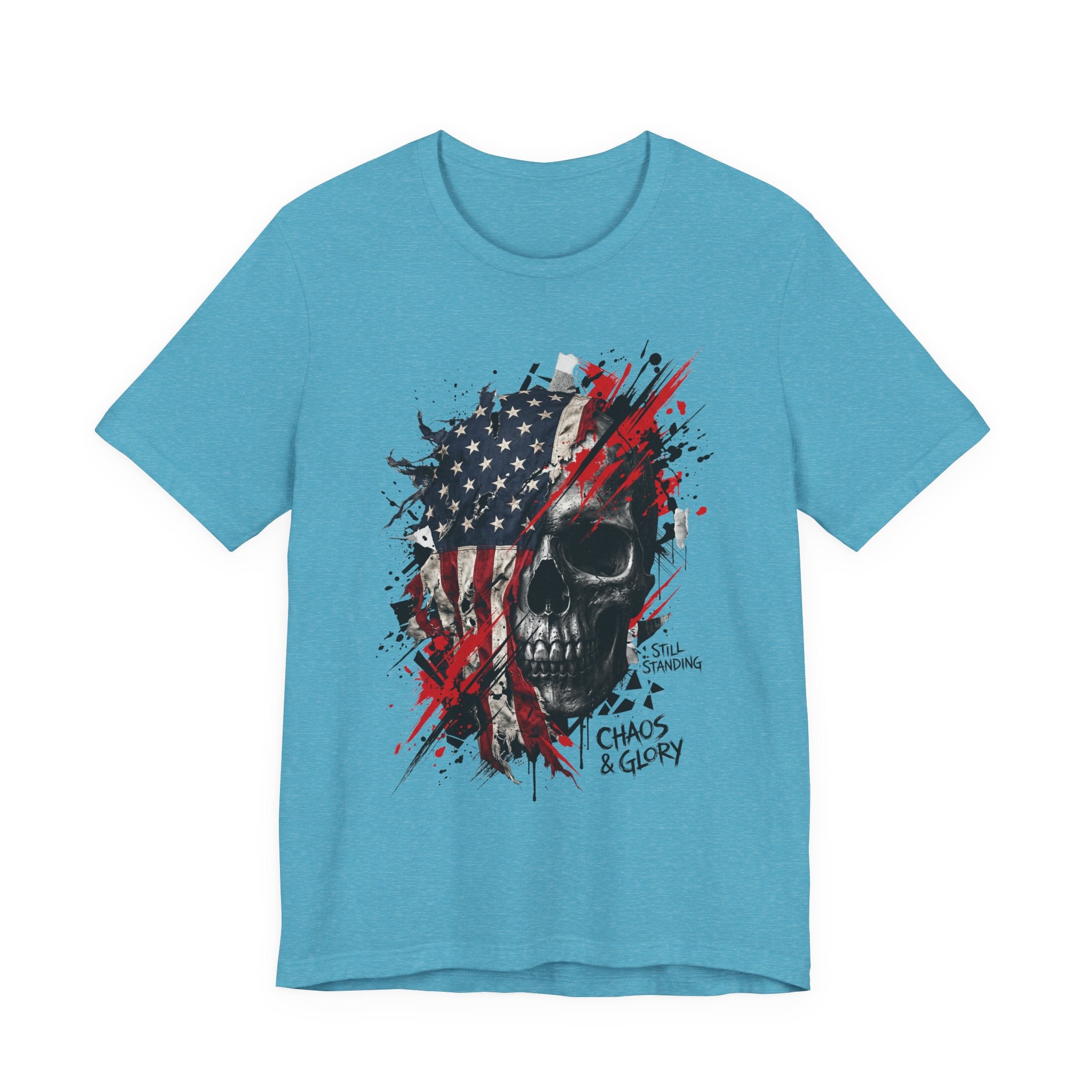Blue crewneck T-shirt with skull and American flag graphic on the chest