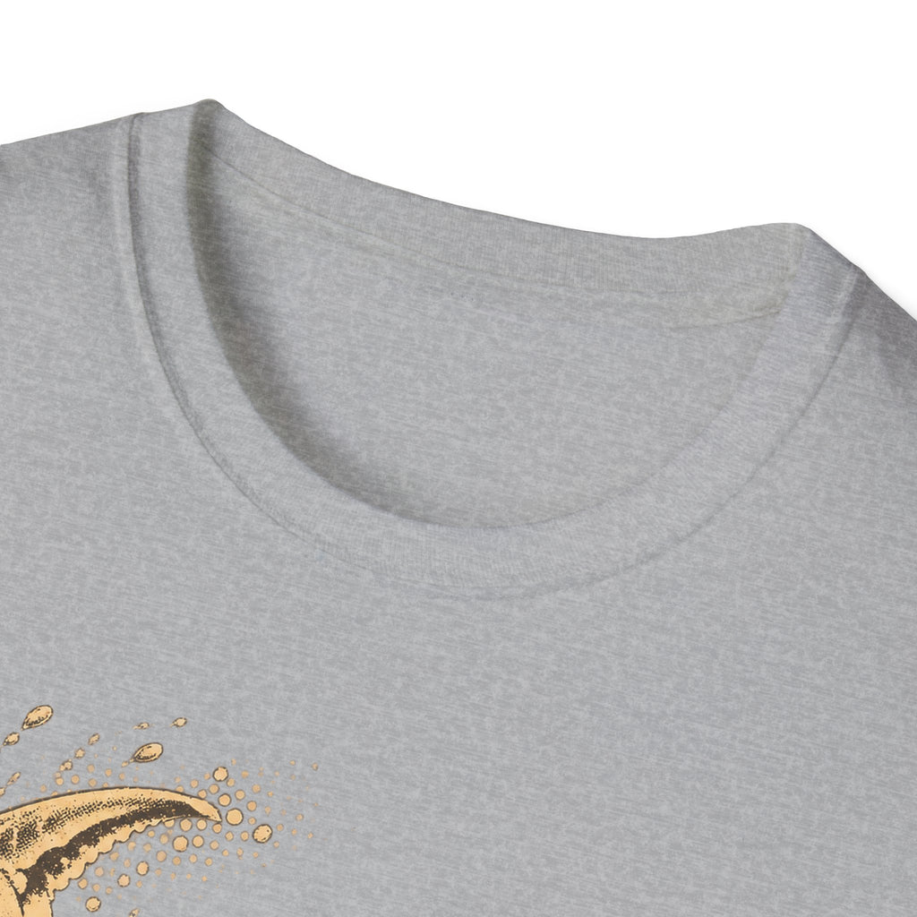 Heather gray crewneck T-shirt with partial gold crab graphic at left chest