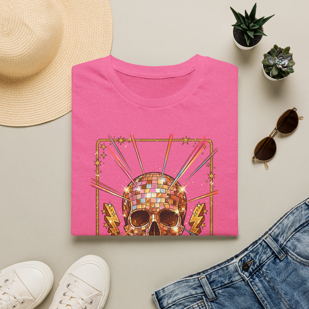 Pink unisex t-shirt with colorful disco ball skull graphic on the front.