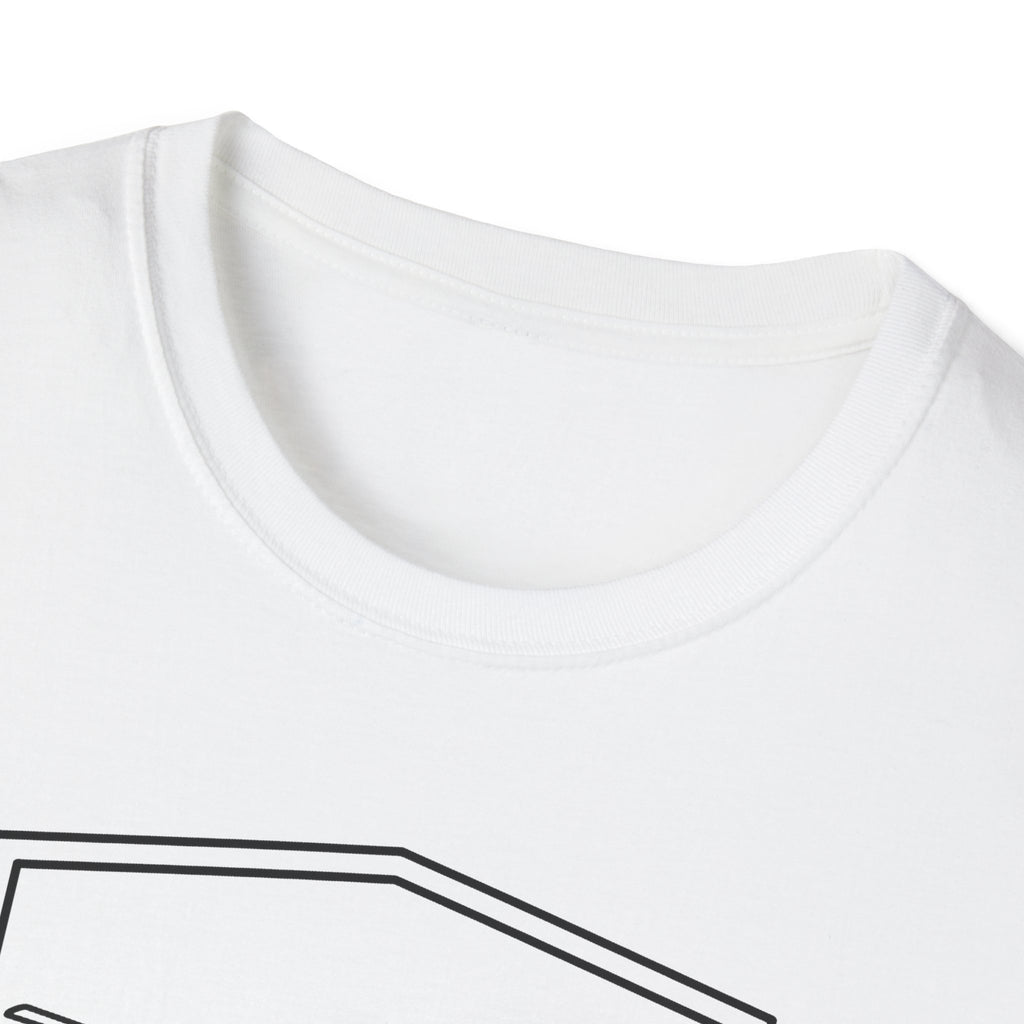 White T-shirt crew neck with part of a black helicopter graphic below neckline.