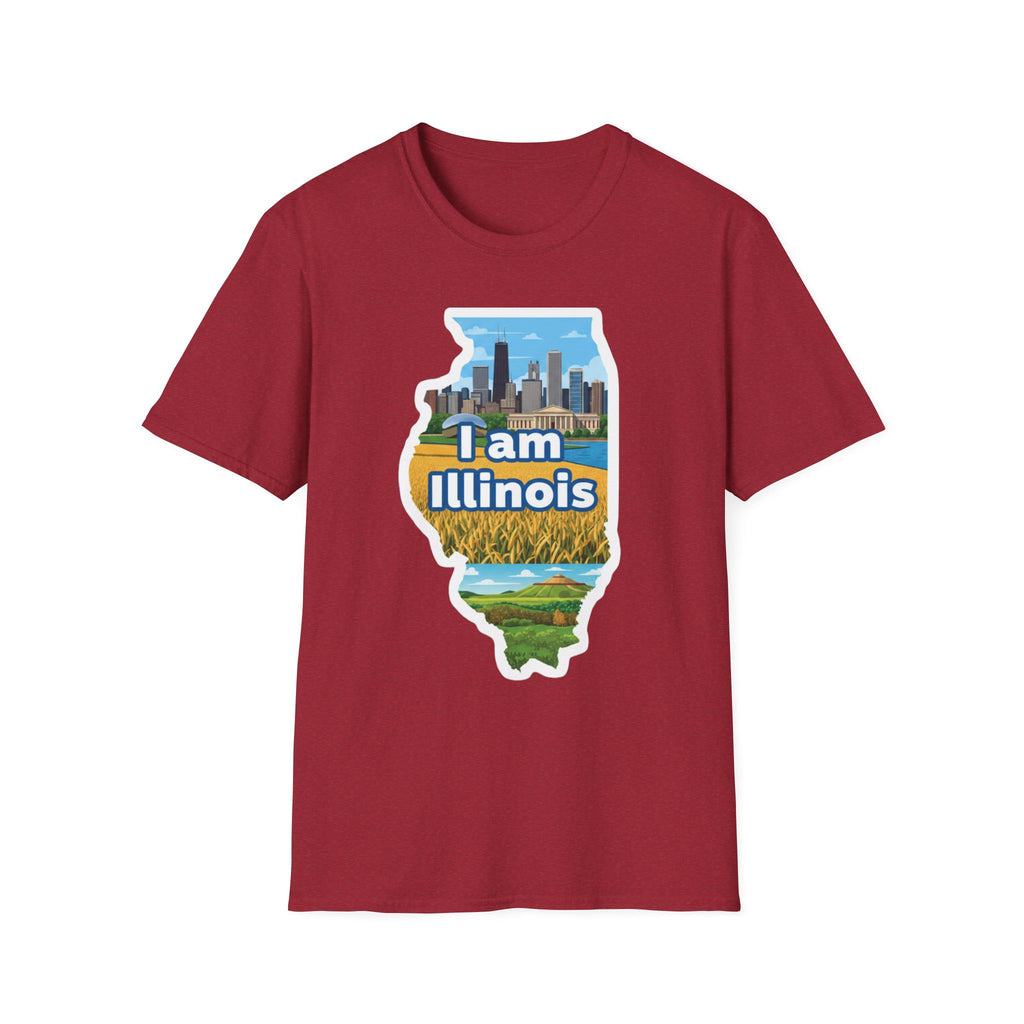 Red front I Am Illinois tee: Illinois map skyline, farmland, and “I am Illinois” text