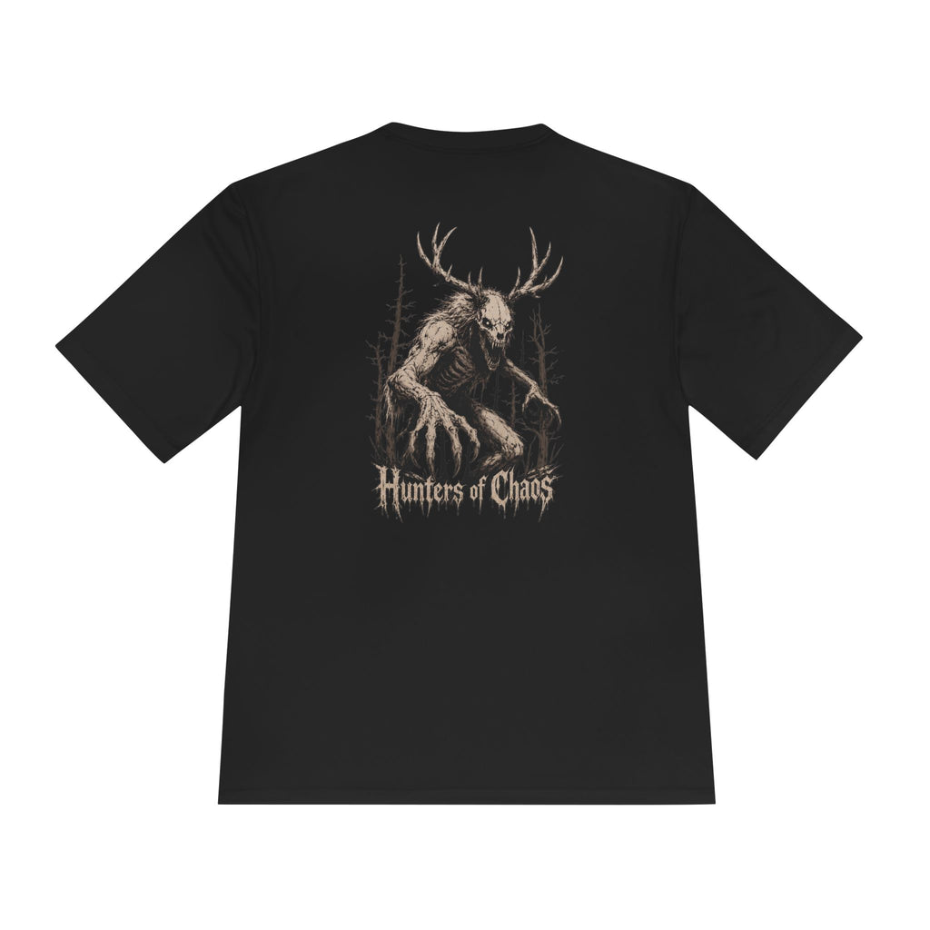 Black T-shirt with large back graphic of deer and text Hunters of Chaos