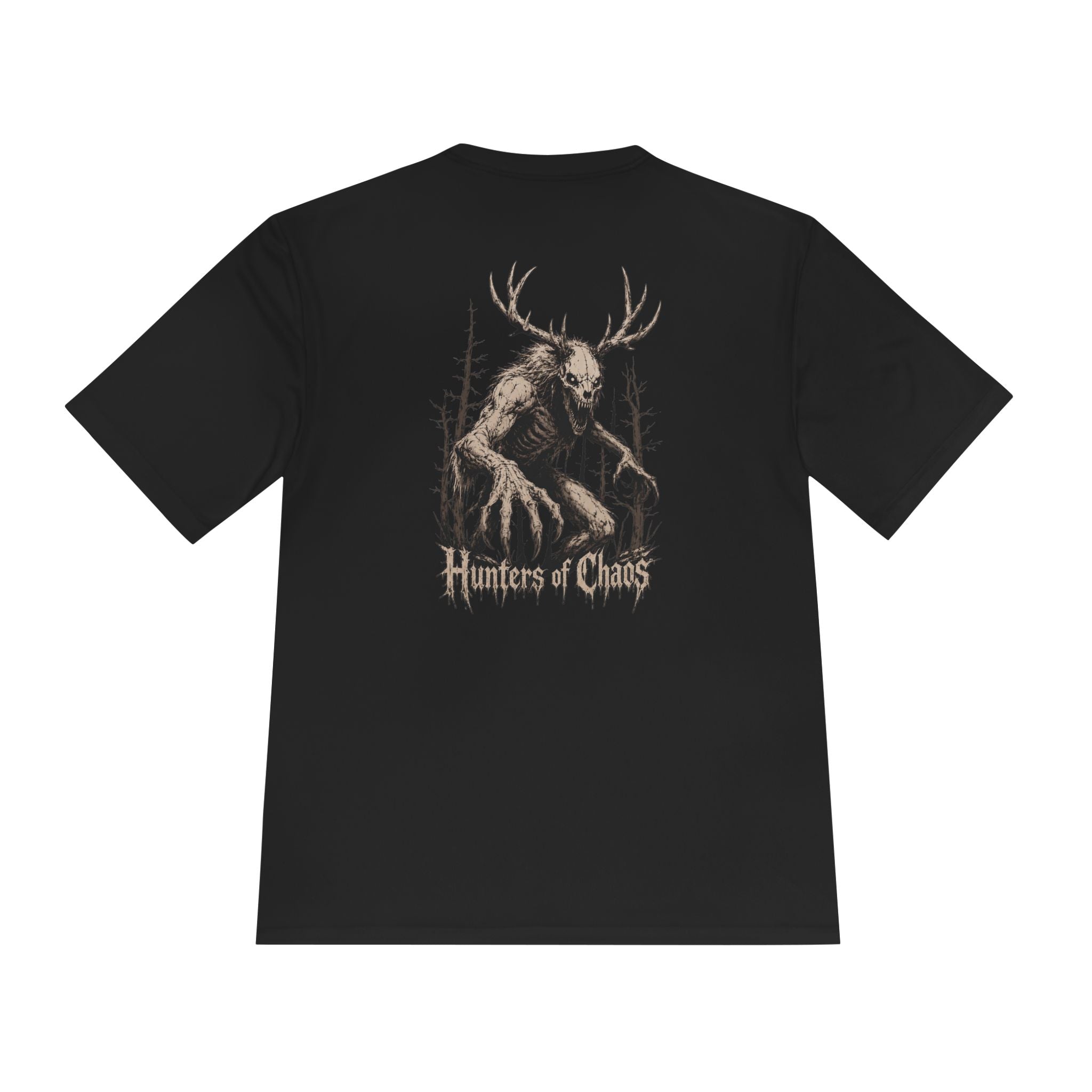 Black T-shirt with large back graphic of deer and text Hunters of Chaos