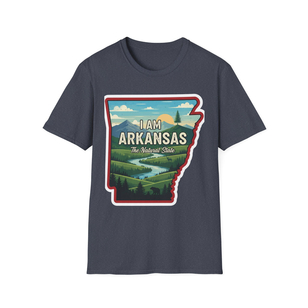 I AM Arkansas T-shirt in deep heather navy with state outline landscape artwork