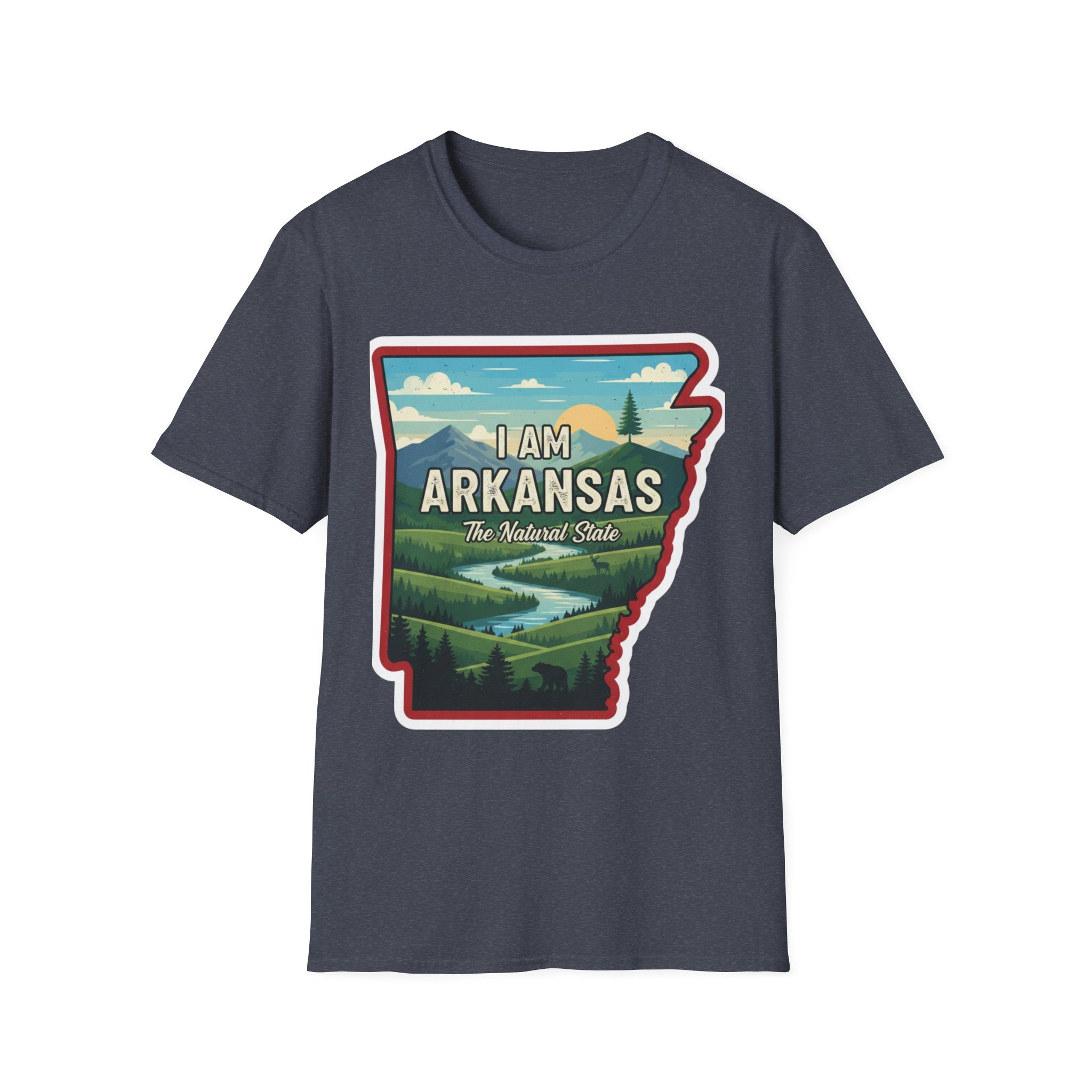 I AM Arkansas T-shirt in deep heather navy with state outline landscape artwork