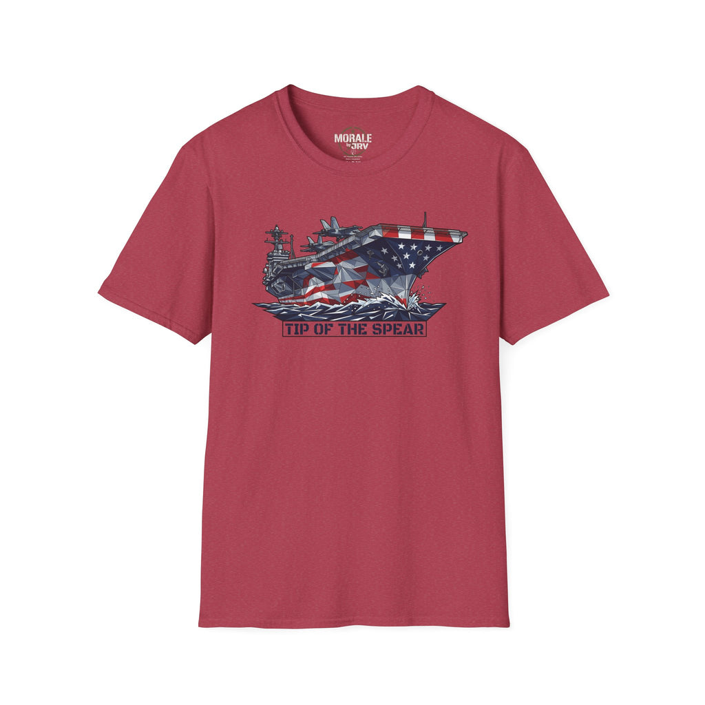 Heather Cardinal T-Shirt mit „Tip of the Spear“-Grafik: Flugzeugträger mit US-Flagge