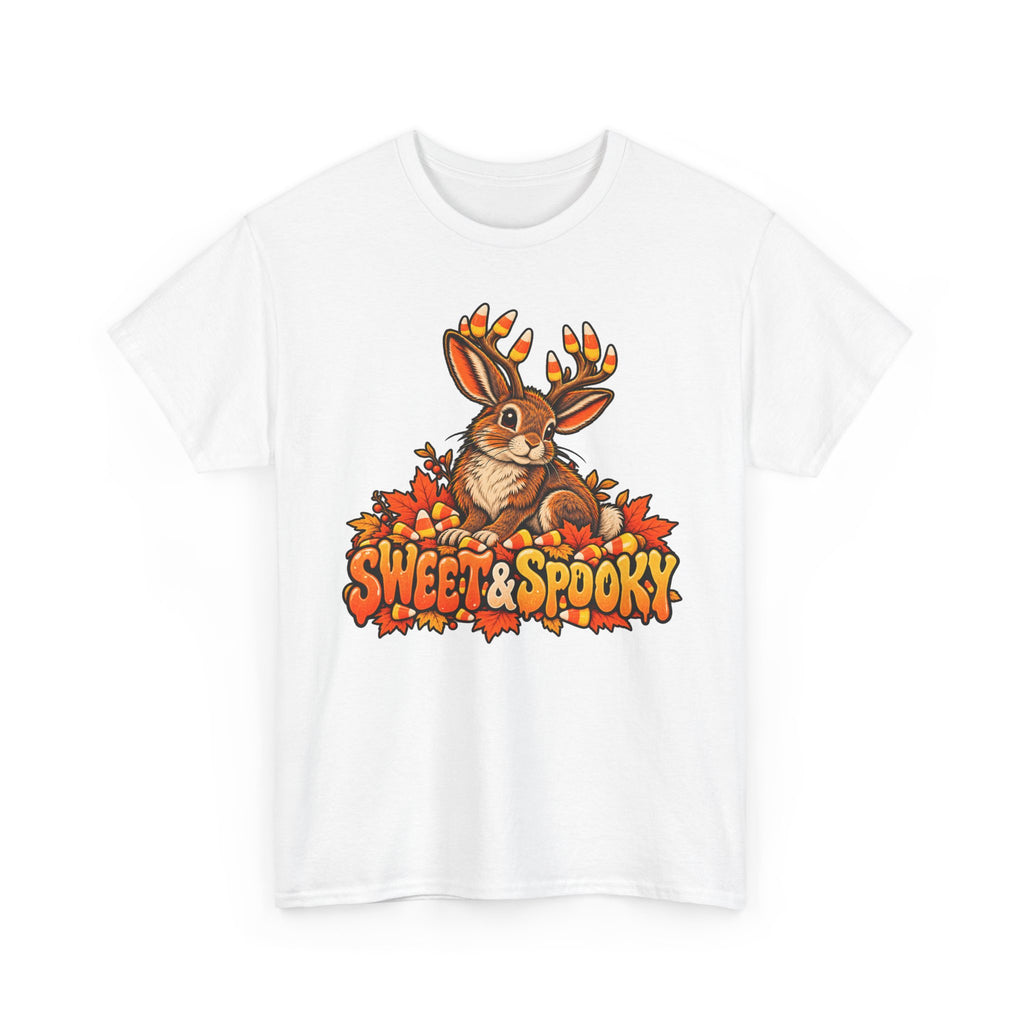White Halloween jackalope t-shirt with candy corn antler bunny front graphic