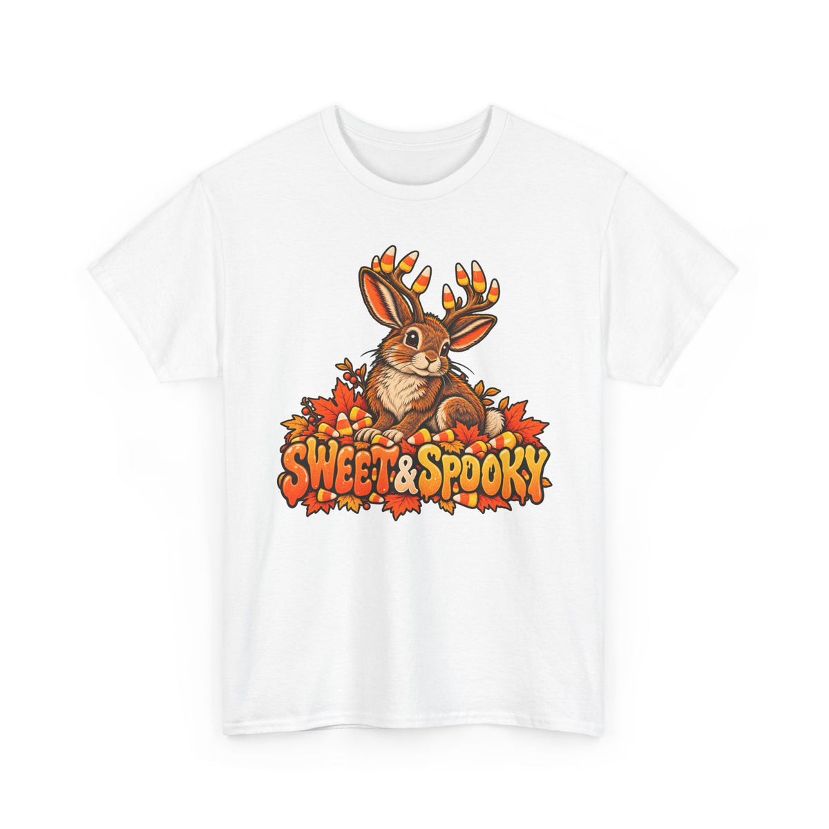 White Halloween jackalope t-shirt with candy corn antler bunny front graphic