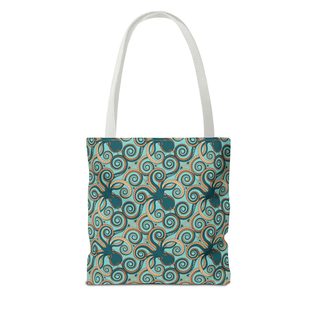 Octopus swirl tote bag with teal and turquoise all-over pattern, white handles.