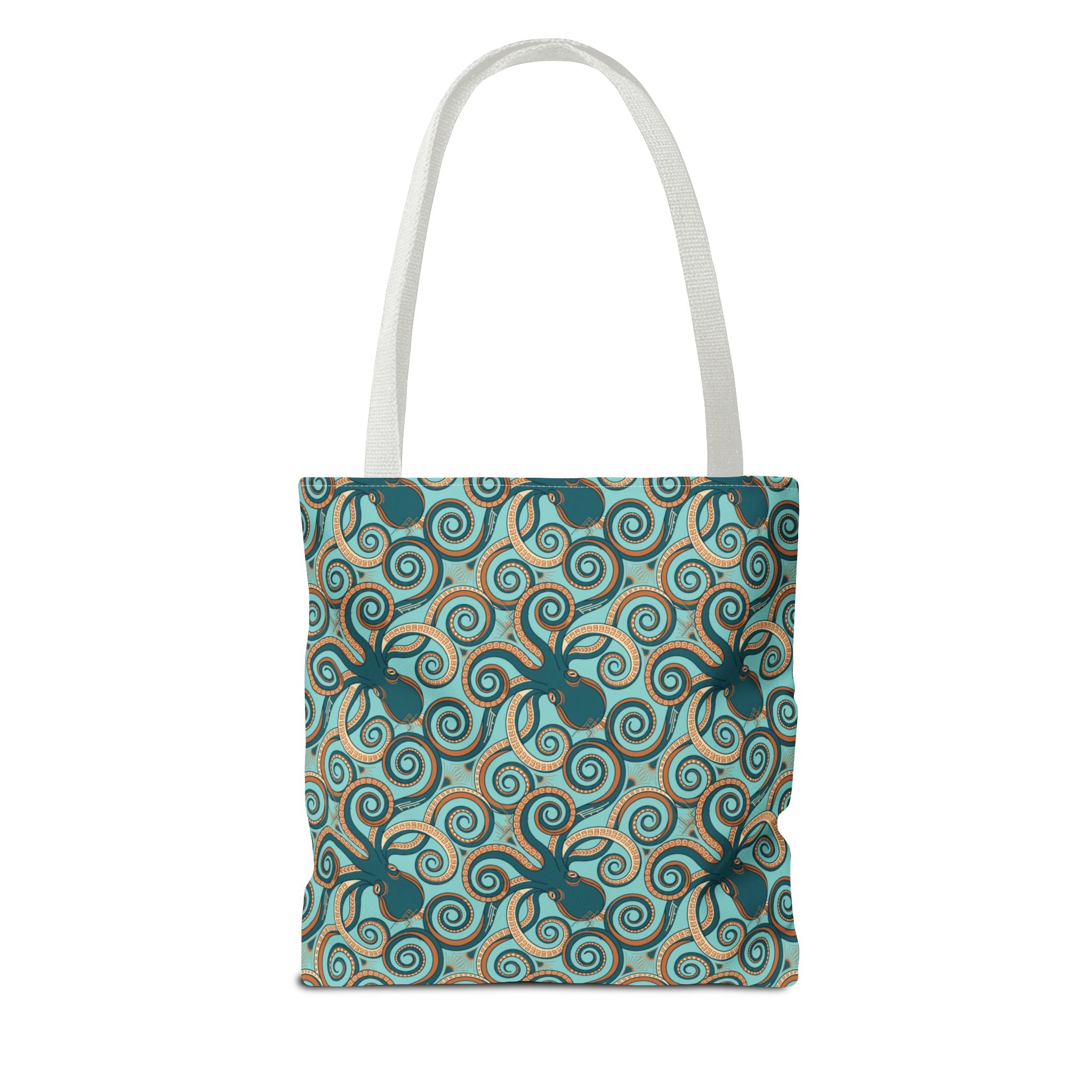 Octopus swirl tote bag with teal and turquoise all-over pattern, white handles.
