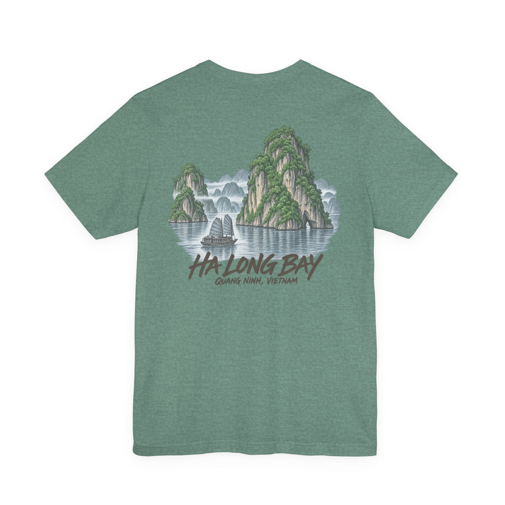 Green vintage travel t-shirt with Ha Long Bay scenic graphic and arched text print.