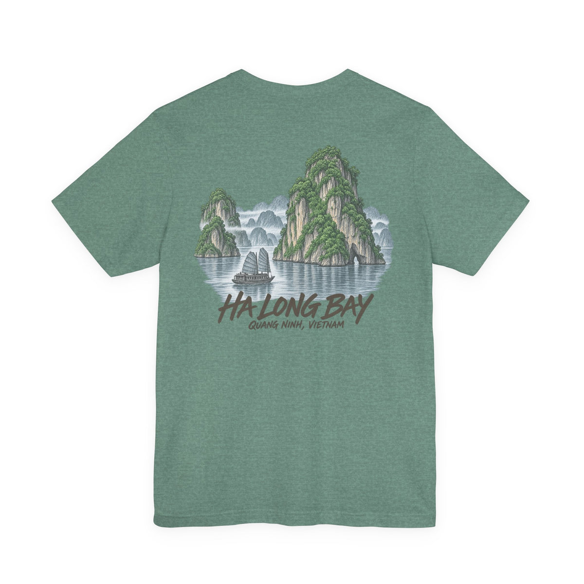 Green vintage travel t-shirt with Ha Long Bay scenic graphic and arched text print.