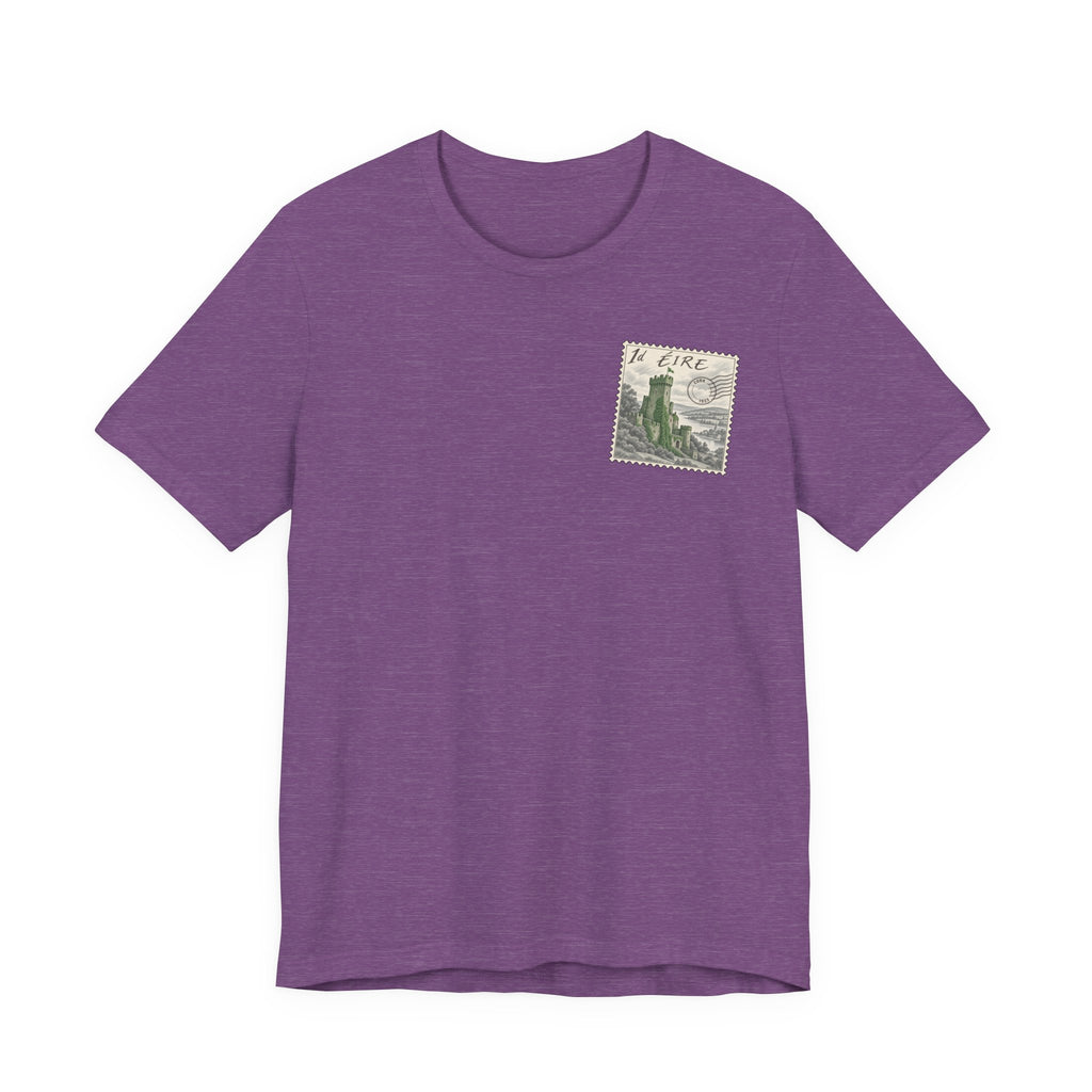 Purple travel t-shirt with small vintage postage-stamp castle graphic on chest