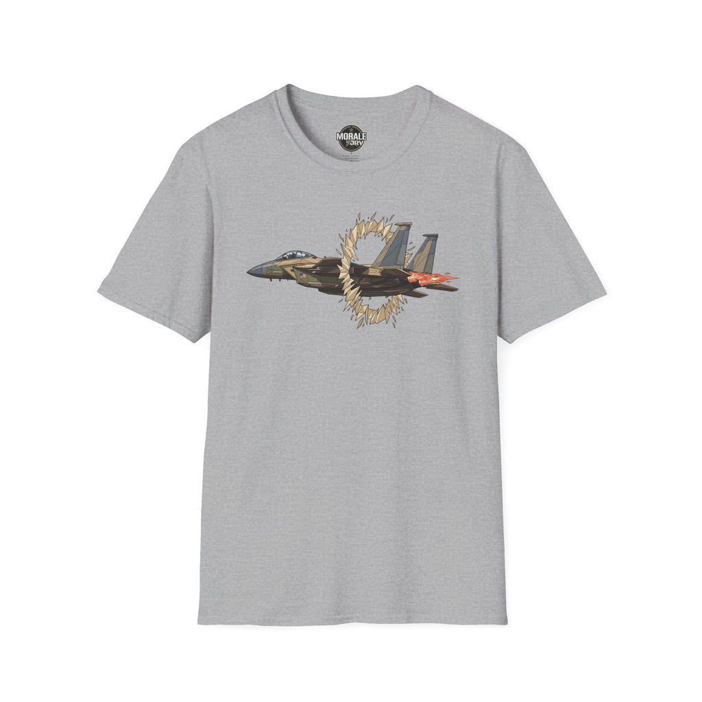 Heather gray t-shirt with fighter jet graphic and ring of fire burst print