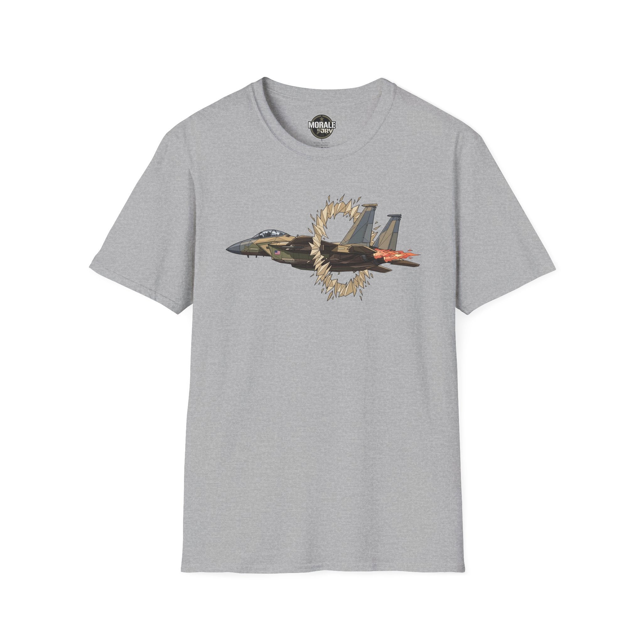 Heather gray t-shirt with fighter jet graphic and ring of fire burst print