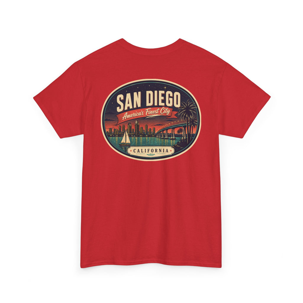 Red T-shirt with large oval San Diego Cities graphic on center