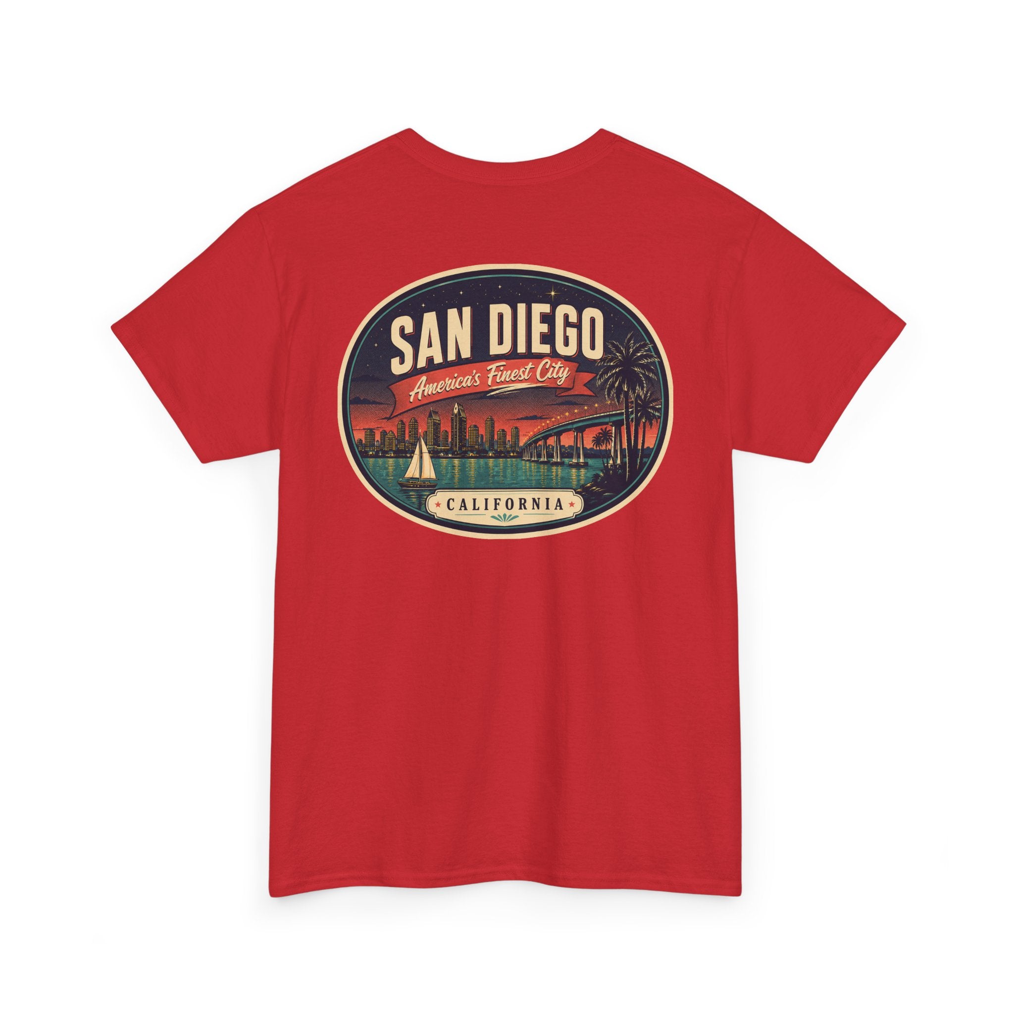 Red T-shirt with large oval San Diego Cities graphic on center