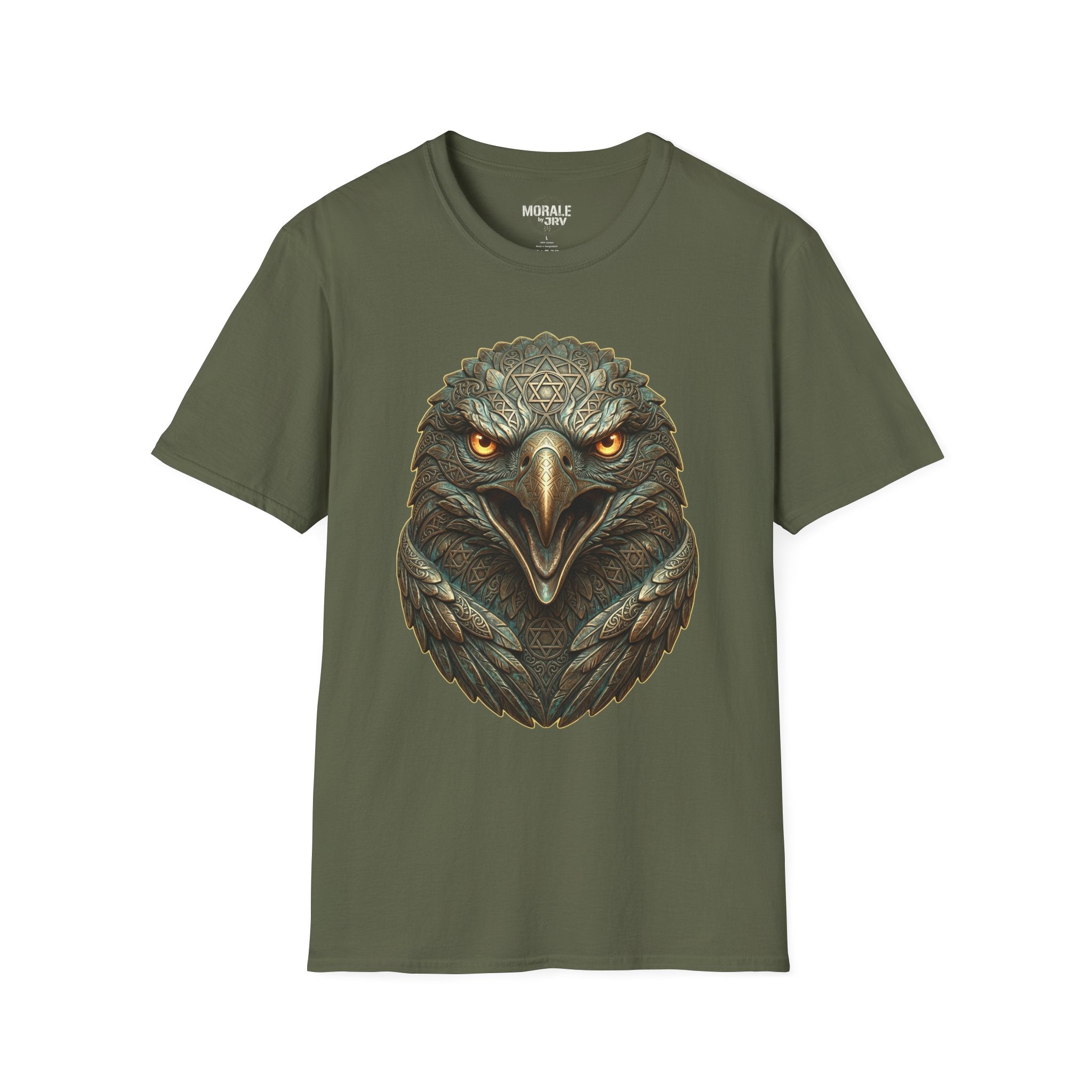 Military green T-shirt, realistic eagle head print with golden eyes