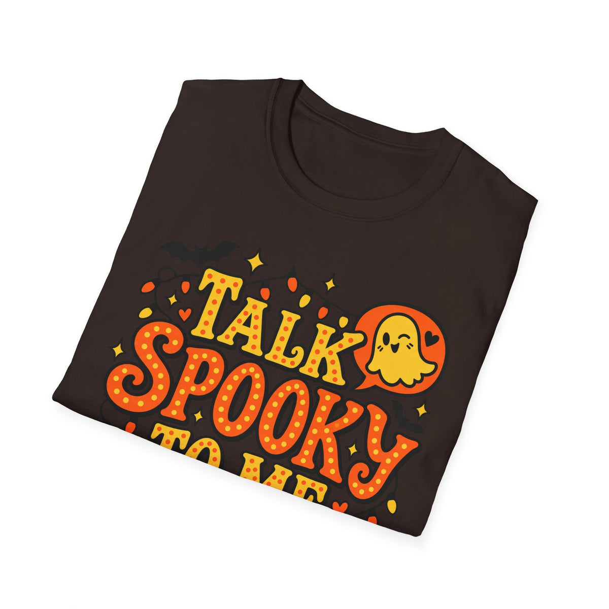 Dark brown crew-neck Halloween T-shirt with colorful “Talk Spooky” ghost graphic