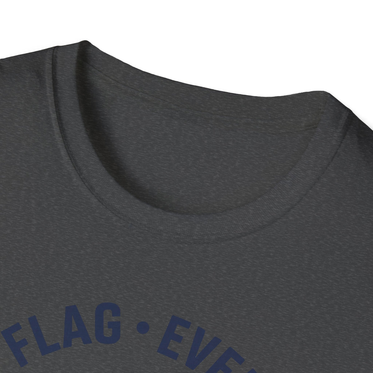 Charcoal crew-neck T-shirt with blue "FLAG • EVER" text on chest
