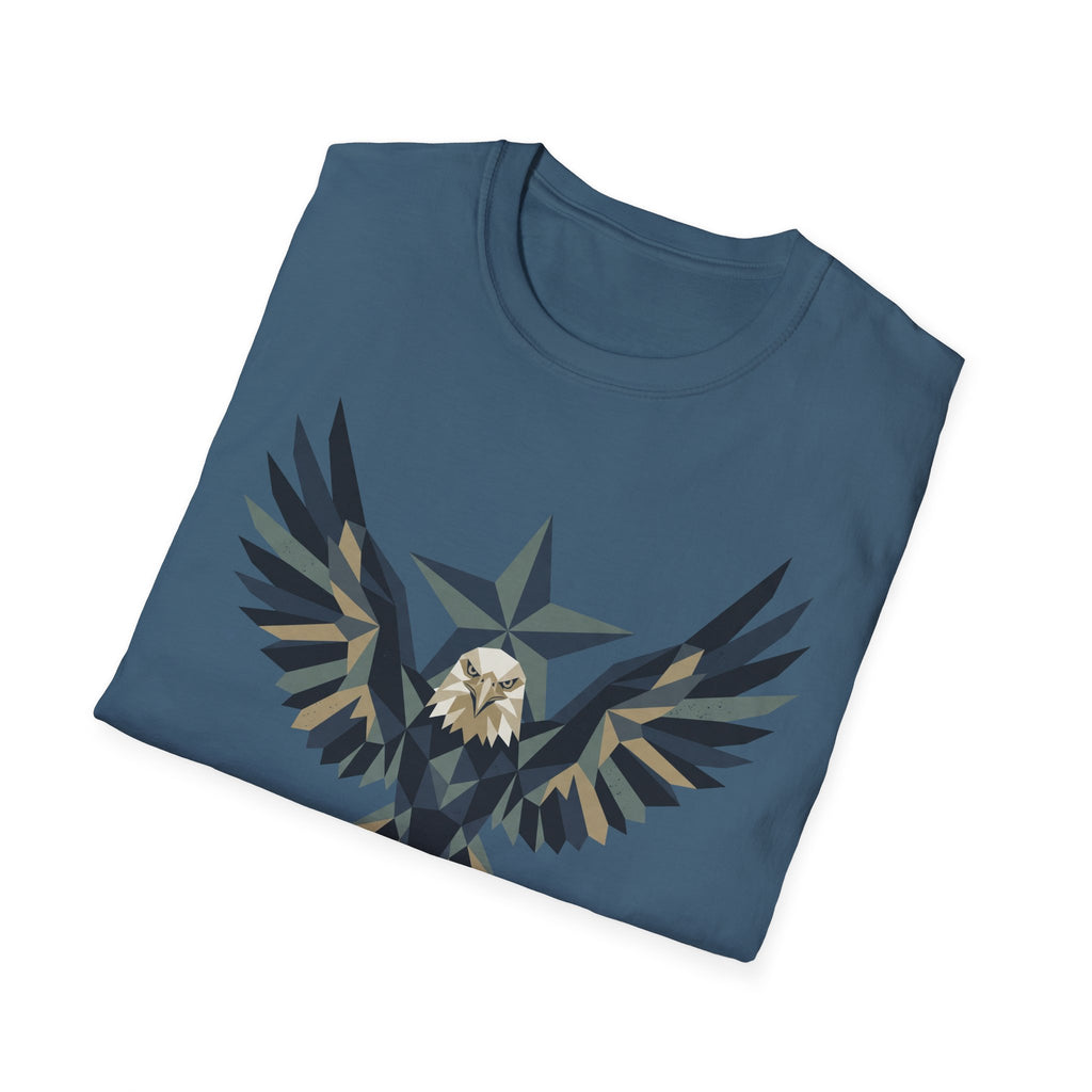 Blue crew-neck T-shirt with geometric eagle-and-star graphic on chest