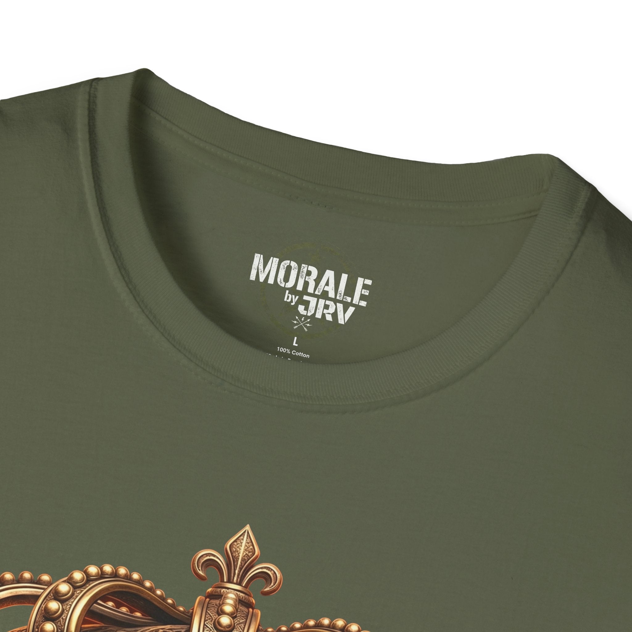 Military green T-shirt neckline with chest tag, gold crown graphic detail