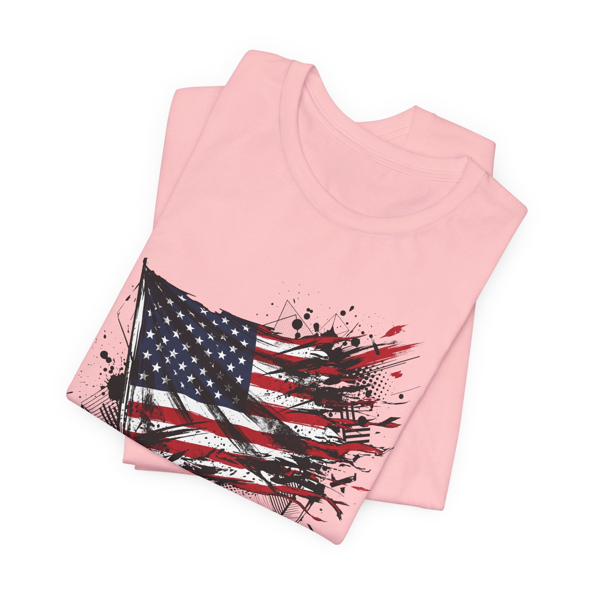 Light pink T-shirt with distressed American flag graphic on the front