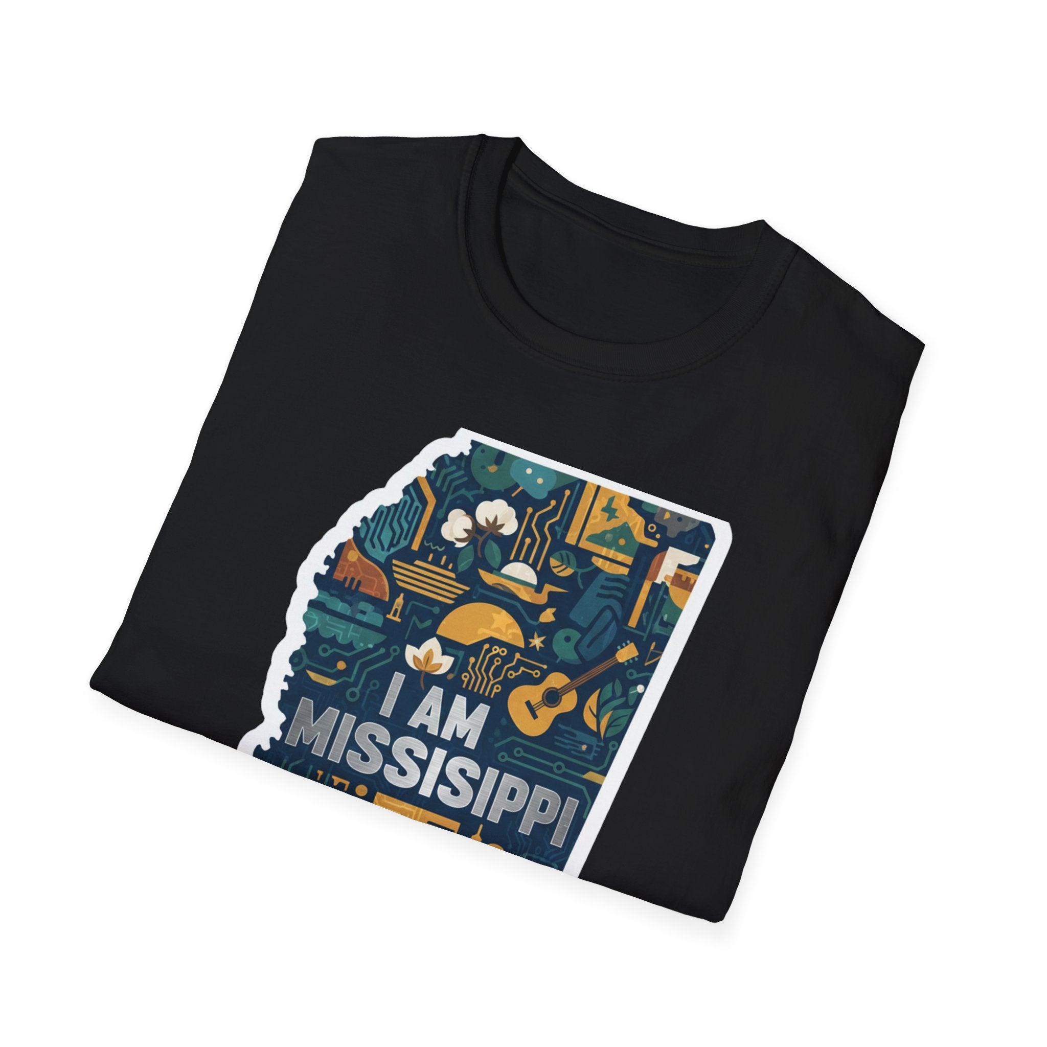 I Am Mississippi T-shirt, Black front with state-map illustration and Mississippi text
