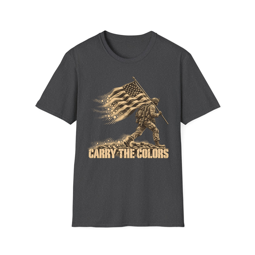 Charcoal t-shirt with gold soldier carrying flag graphic and “CARRY THE COLORS” text