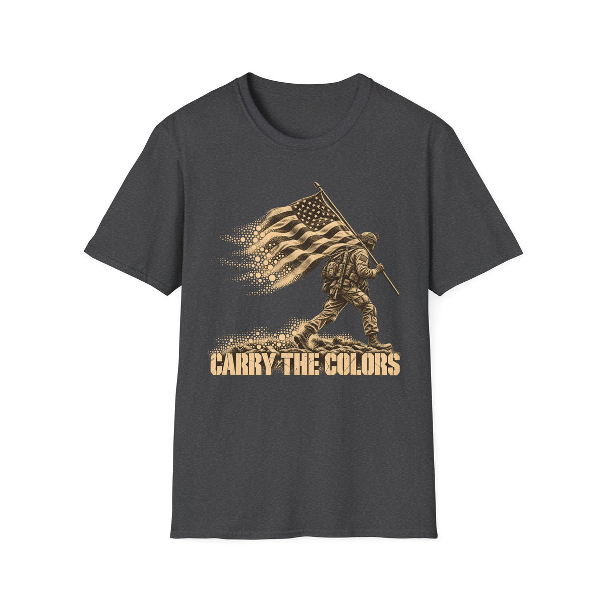 Charcoal t-shirt with gold soldier carrying flag graphic and “CARRY THE COLORS” text