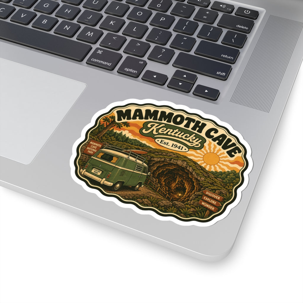 Mammoth Cave Kentucky decal with white outline, green camper van, and cave landscape