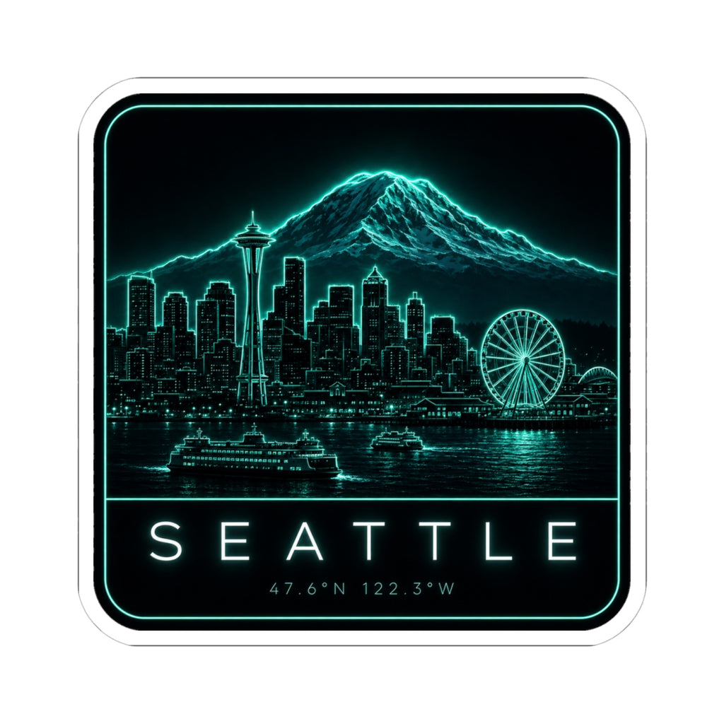 Square neon teal Seattle skyline sticker showing night skyline, mountain outline, ferris wheel, SEATTLE