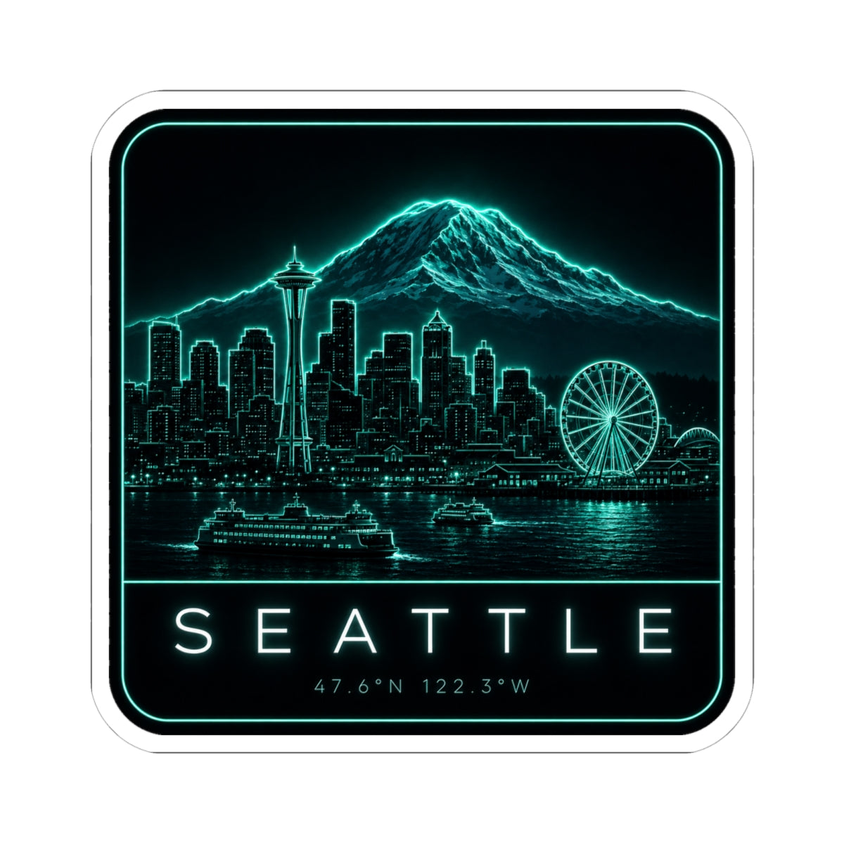 Square neon teal Seattle skyline sticker showing night skyline, mountain outline, ferris wheel, SEATTLE