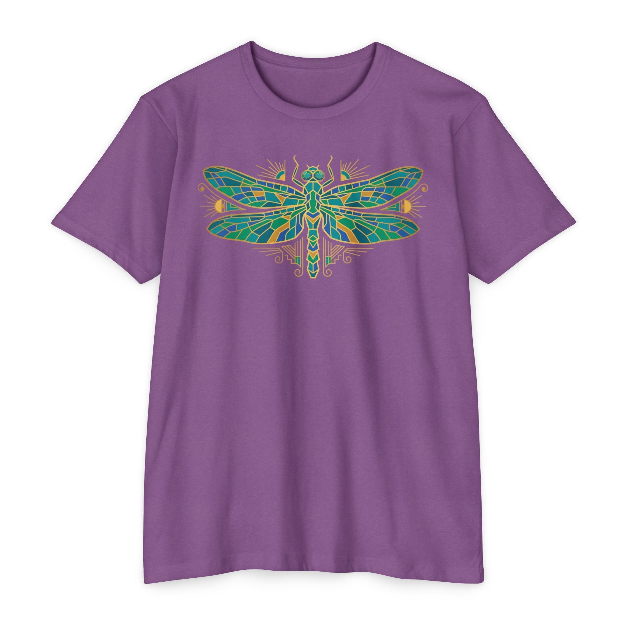Lavender purple t-shirt with colorful dragonfly mosaic graphic on the chest