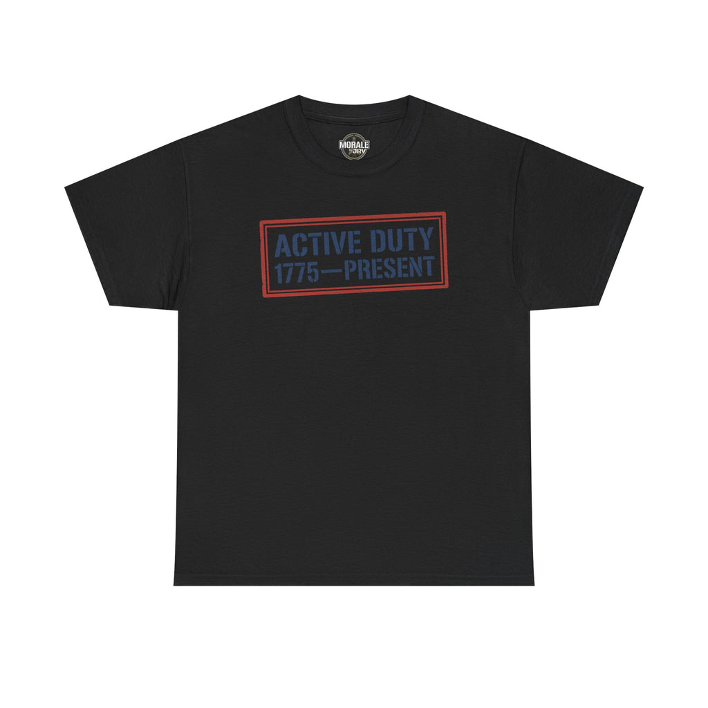Black crew neck tee with red “Active Duty 1775–Present” chest logo